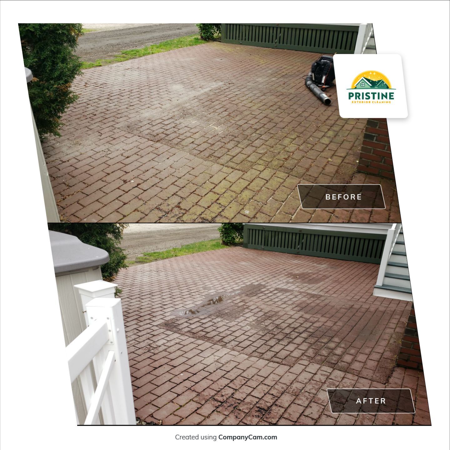 Before-and-after showcasing pressure washing near Arundel ME. Dirty brick patio transformed to clean by Pristine company. "BEFORE" and "AFTER" labels included.