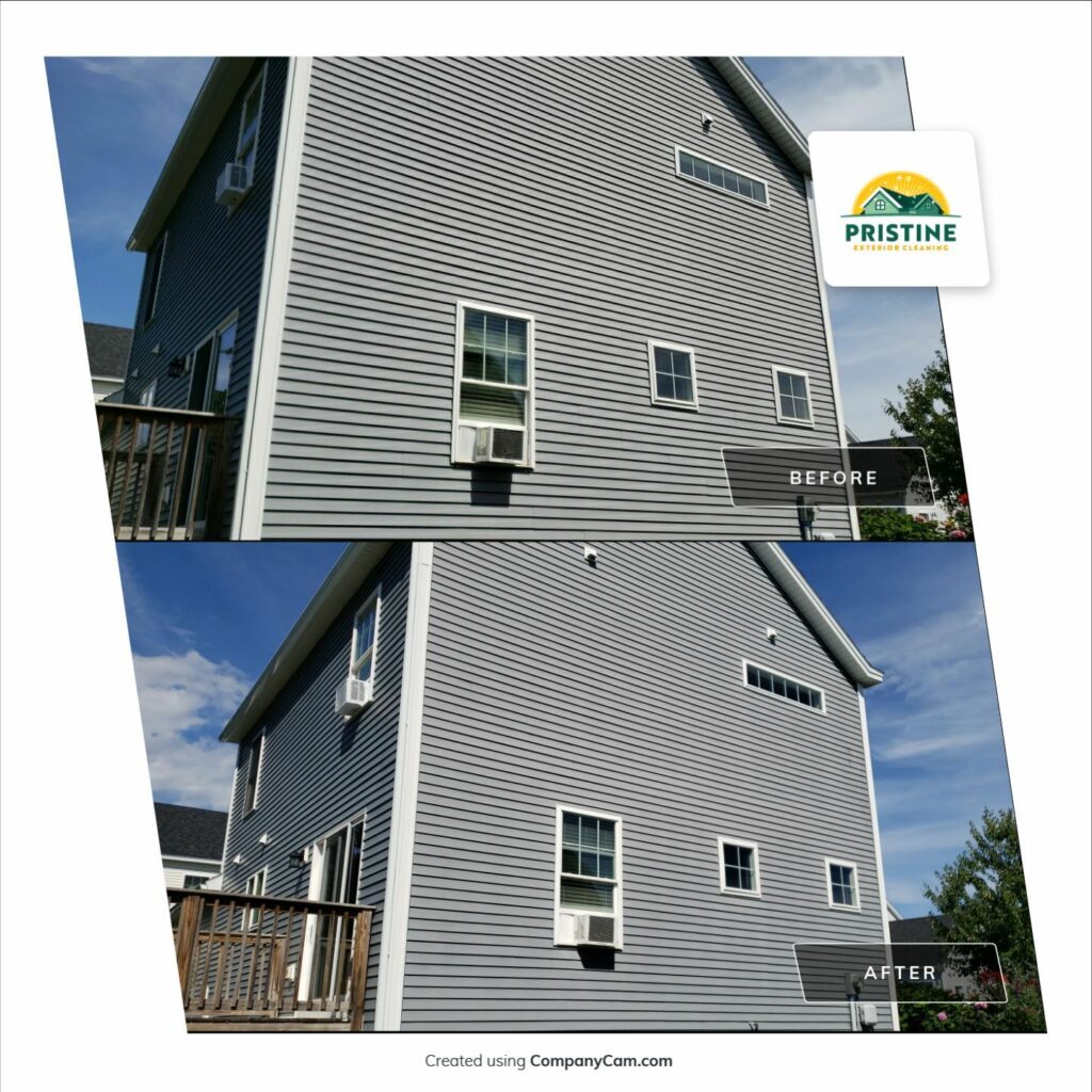 Before-and-after of a house in Alfred, ME, showcasing the transformative power of pressure washing. The "after" image reveals a cleaner, brighter exterior, highlighting Pristine's pressure washing services near me.